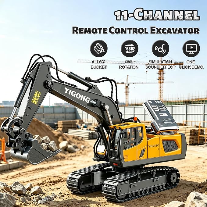 Remote Control Excavator (11-Channel), Dump Truck, Bulldozer, Loader (9-Channel), 2.4GHz Remote Control Construction Vehicles, Metal Construction, with Cool Lights and Sound Effects, 4-Pcs