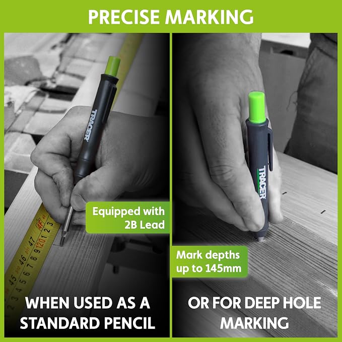Tracer 8 Piece Construction Marker Kit - Deep Hole Carpenter Pencil Set, 2 Deep Hole Marking Pen, and Four Heavy Duty Clog-Free Markers, 2.8mm Replacement Leads & Storage Case for Woodworking Tools