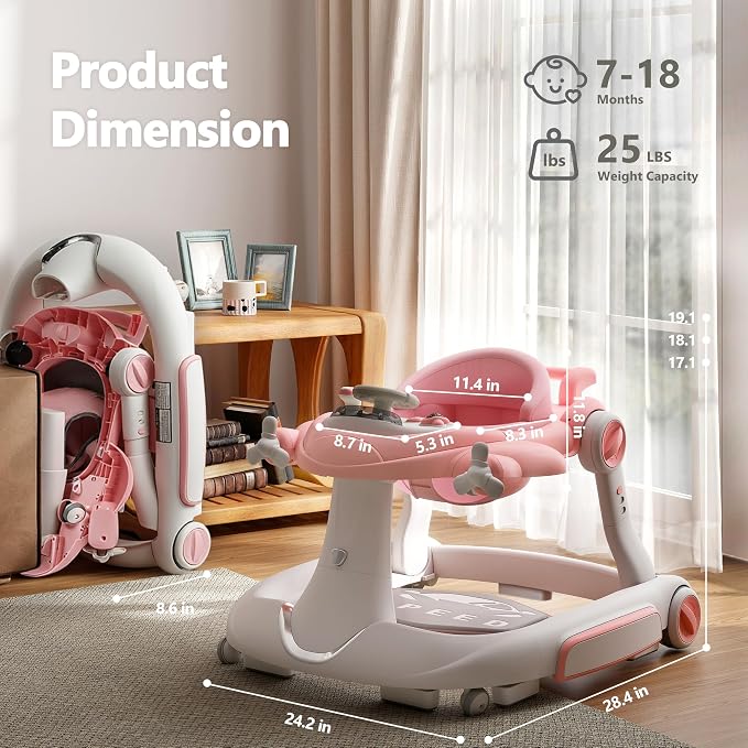 Kinder King 8-in-1 Baby Walker with Music & Lights, 3 Level Adjustable Height, Foldable Toddler Walker with Speed Adjustable Wheels, Easy to Clean, Baby Walkers for Boys & Girls 6-18 Months