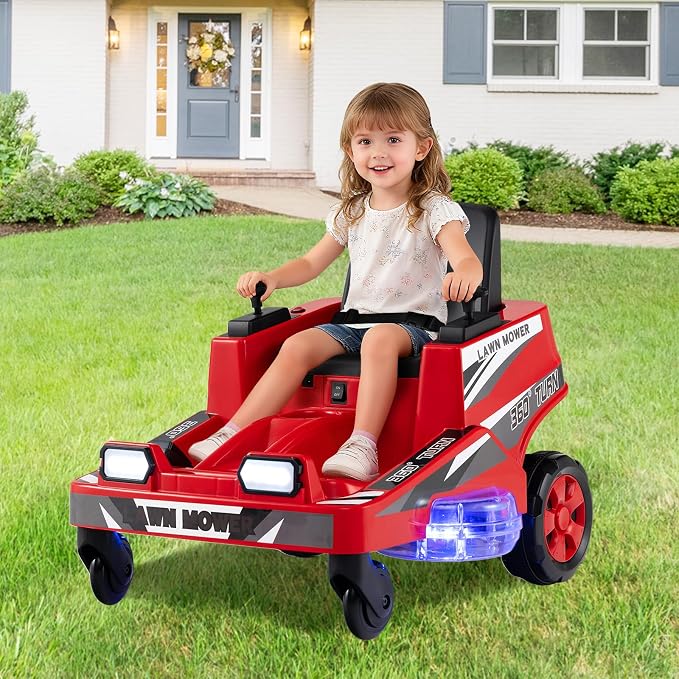 Costzon Ride on Lawn Mower for Kids, 12V Toddler Electric Car with 360° Twist and Turn, Dual Control Sticks, LED Lights, Outdoor Ride on Toy Gift for Boys & Girls Aged 3-8 (Red)