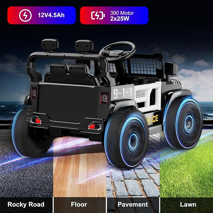 12V Ride on Car with Parent Remote Control, Toddler Police Electric Car with Spring Suspension, LED Lights & Music Player - Safe Battery Toy for Kids, Christmas & Birthday Gift