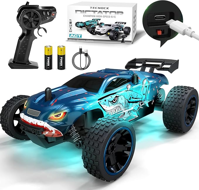 Tecnock RC Cars for Kids, 1:18 Scale 2WD RC Car with USB-C Easy Charging, 2.4GHz Remote Control Car with LED Lights & 50 Mins Playtime, Toys Gifts for Boys & Girls Ages 8-12