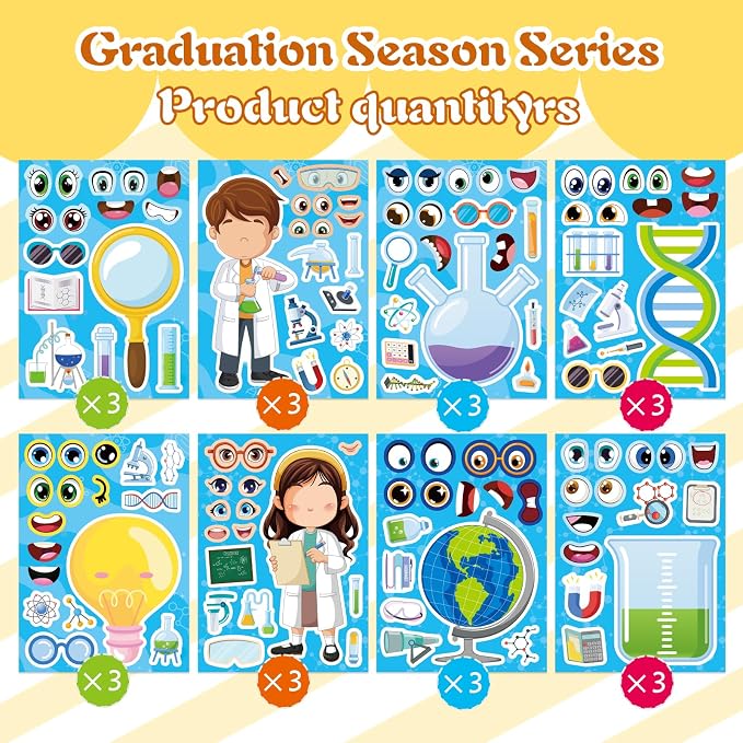 24 Sheets Science Stickers, Make-a-face Sticker for Kids Make Your Own Science Stickers, Laboratory Sticker Decals, Chemistry, Biology, Physics, Classroom Decor for School Teacher
