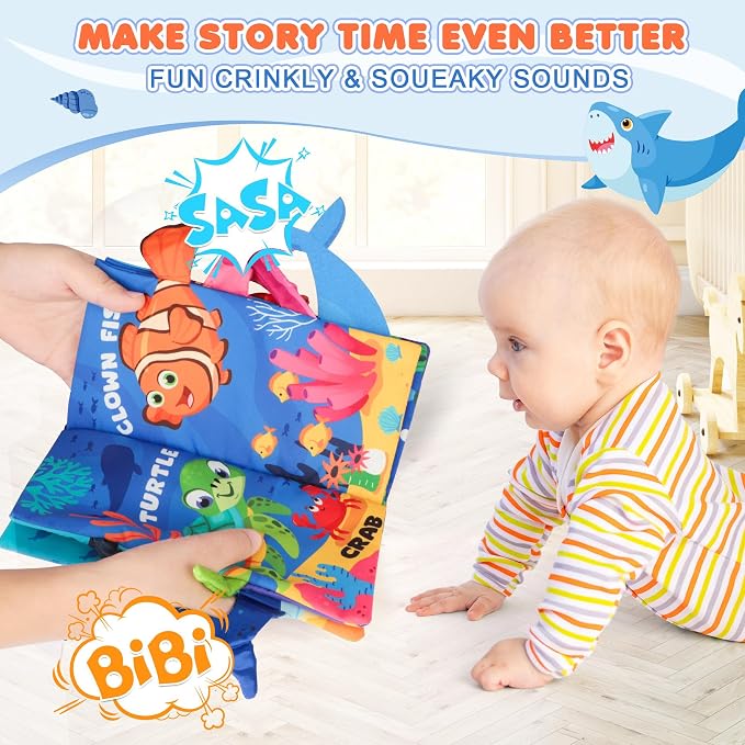 BBWOO Soft Baby Book Toy - Newborn Boy Girl Shower Gift - Tummy Time Toy for Infant 0-6 6-12 Months - Touch and Feel Sensory Crinkle Book with Teether - Baby Boy Girl Gift