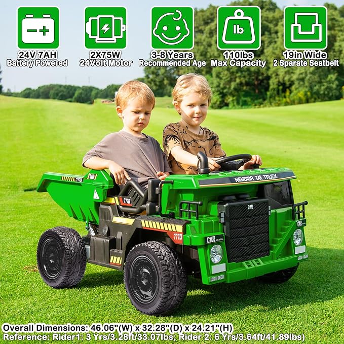 NEWQIDA 24V Ride on Dump Truck, Kids Electric Car with Remote Control, Ride on Construction Vehicles w/Electric Dump Bed, Shovel, 2x75W Powerful Motors, Up to 4.4Mph, EVA Tires, Soft Start, Green