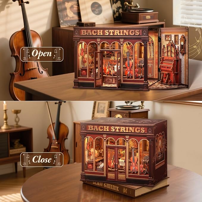 CUTEBEE Book Nook Kit - DIY Miniature House Dollhouse Kit for Adults and Teens, Music Shop Booknook Bookshelf Insert Decor, 3D Wooden Puzzle, Creative Gift for Family, Friends (Bach Strings)