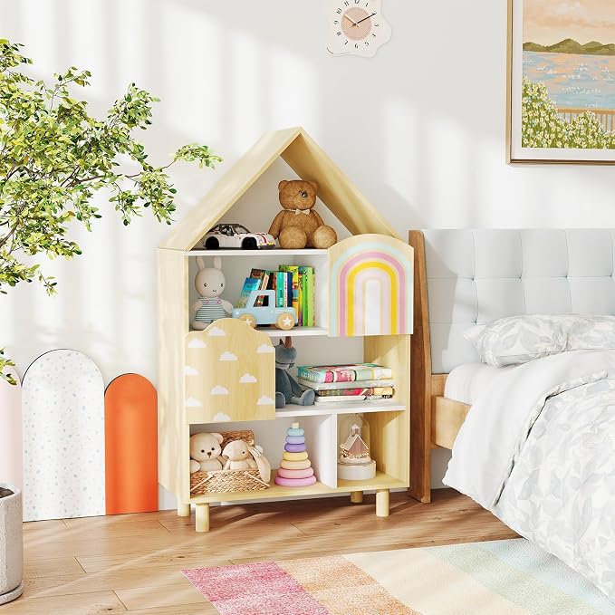 Costzon Kids Dollhouse Bookshelf w/ 2 Doors, Wooden Toy Storage Organizer w/Anti-toppling Devices & Solid Wood Legs, House-Shaped Toddler Bookshelf for Kids Room, Playroom, Nursery, Bedroom, Natural
