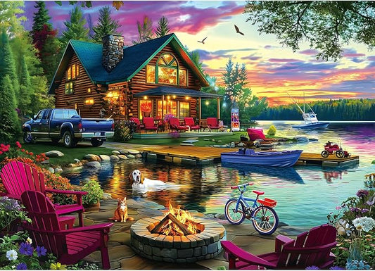 1000 Piece Puzzle for Adults Lakeside Sunset Log Cabin Jigsaw Adult Puzzles with Fire Pit & Dock Lake Landscape Puzzle with Letters on Back, Fun Games for Adult Game Night