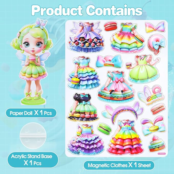 PainZieteg Magnetic Dress Up Dolls,Paper Dolls for Girls, Kids DIY Princess Magnetic Dress-Up Doll for Girl Birthday (Macaron Elf)