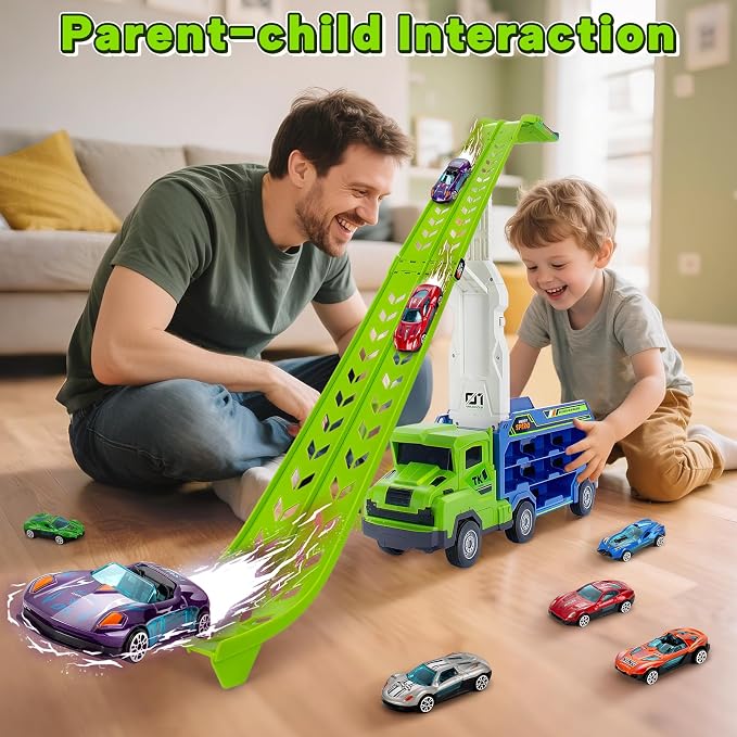 BainGesk Truck Toys Car for 3, 4, 5, 6 Years Old Boys, Carrier Race Truck Toys, Foldable 2 Layer Transport Car Toys with 27 in Race Track and 6 Metal Cars, Birthday Gifts for Toddler Boys Girls