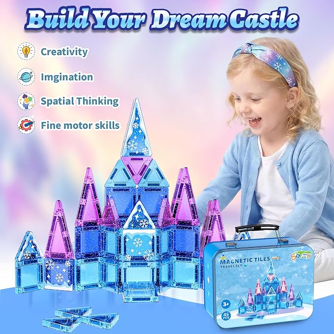 SKTMYY Mini Magnetic Tiles,45 PCS ice Magnet Tiles for Girls,Portable Travel Toys for Kids Ages 3+,STEM Preschool Toys Gift for Girls