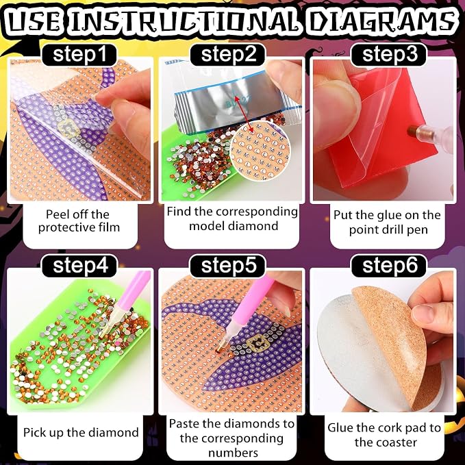 UPINS 8Pcs Halloween Diamond Art Painting Coasters Kits with Holder Diamond Art Non Slip Coaster Kits DIY with Holder Crafts for Adults Diamond Art Painting Kits Supplies