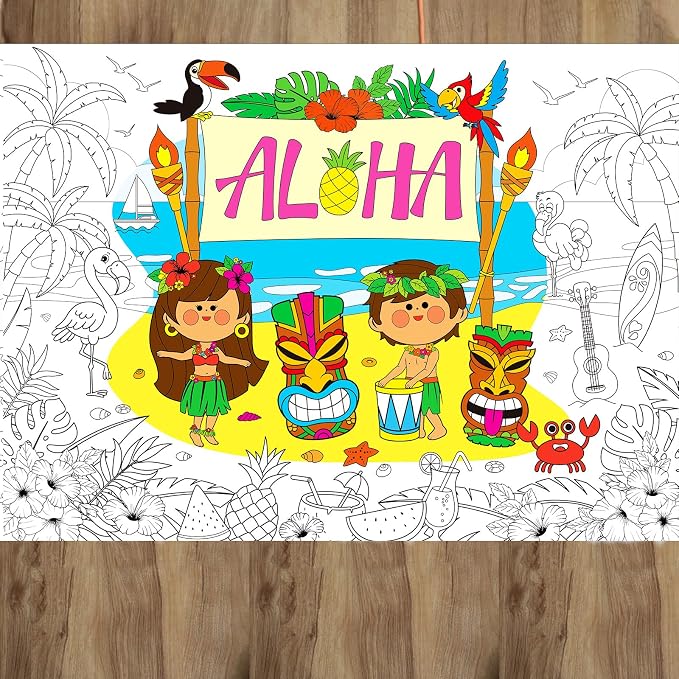 ZOIIWA Hawaiian Aloha Giant Coloring Poster Large Summer Coloring Sheet Big Luau Tropical Table Cloth Jumbo Books Page for Home Craft Activity Game Birthday Party Decoration Supplies 31.5 x 43.3 Inch