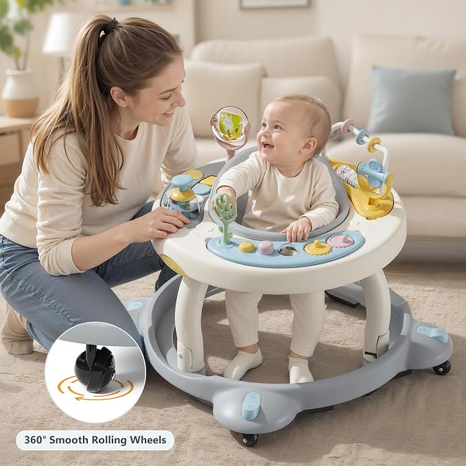 Baby Walker with Wheels, Foldable Baby Walker for Baby 6-12 Months, 3-Position Rotating Seat with Interactive Activity Center, Music Buttons, Baby Walkers for Boys Girls(Blue)