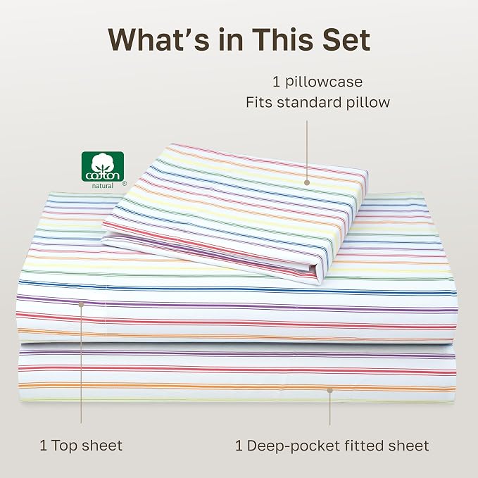 California Design Den Soft Twin XL 100% Cotton Sheet Sets, 400 Thread Count Good Housekeeping Award Winner, Smooth Sateen Finish, Cozy and Durable Twin XL Bedding Set - Rainbow Stripe