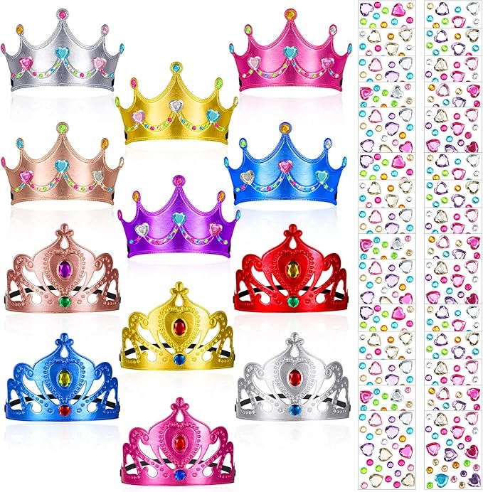 Yaomiao 22 pack DIY Crowns Set Include 12 Pcs Foam Princess Crowns and 10 Pcs Diamond Sticker for Kids