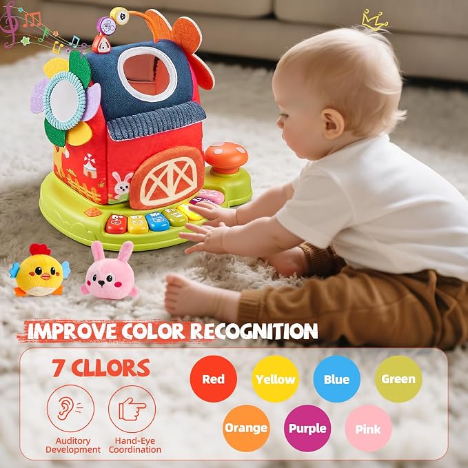 Vanvimen Musical Baby Toys 6-12 Months, Surprise Barn with 7 PCS Stuffed Farm Animals, 4 Mode Sound and LED Lights, Montessori Sensory Toys for 6 12 Months, Ideals 6 7 8 9 Month Old Baby Gifts Toy