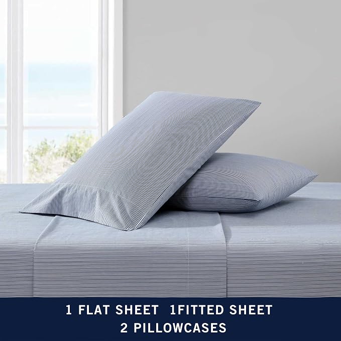 Nautica - King Size Sheet Set, Crisp & Tailored Cooling Sheets with a Smooth Cotton Percale Lightweight Feel - Bed Sheets with Matching Pillowcases & Fitted Sheet (Penny Pinstripe Navy)