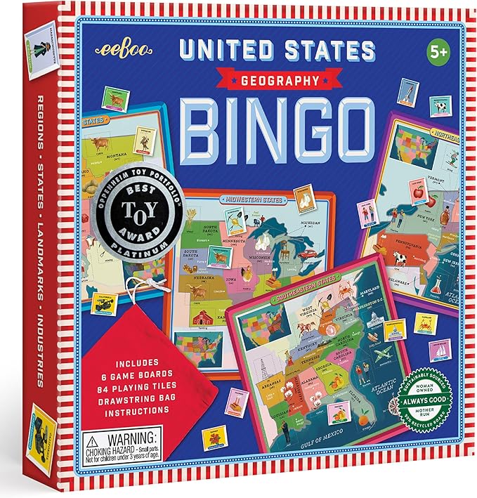 eeBoo: USA Geography Bingo for Kids for Ages 5+, A Fun Kids Learning Game that Teaches About the USA and Improves Memory