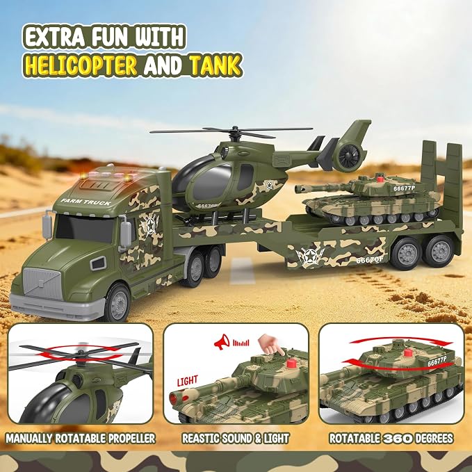 Toddler Toys for 3 4 5 6 Year Old Boys - 27" Large Semi Army Truck Toy with Tank and Helicopter, 3-in-1 Friction Powered Transport Vehicle with Lights Sounds, Christmas Birthday Gifts for Boys
