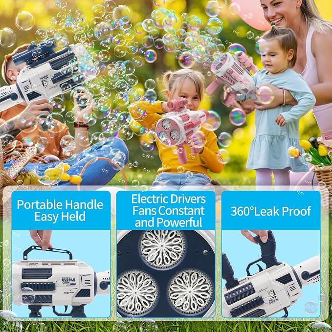 Bubble Guns Automatic with Build-in Bubble Solution (4.4 oz), 3 Fans Drive 6X Lens Bubble Blower Machine, Cool Favors for Summer Ourtdoor Party Birthday Wedding Toy