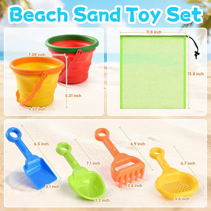 Collapsible Beach Toys for Kids, 2 Packs Foldable Silicone Sand Buckets Set with 4 Packs Sand shovels and Mesh Bag, Travel Beach Essentials for Sandbox, Pool, Camping,Fishing, Summer Party Favors