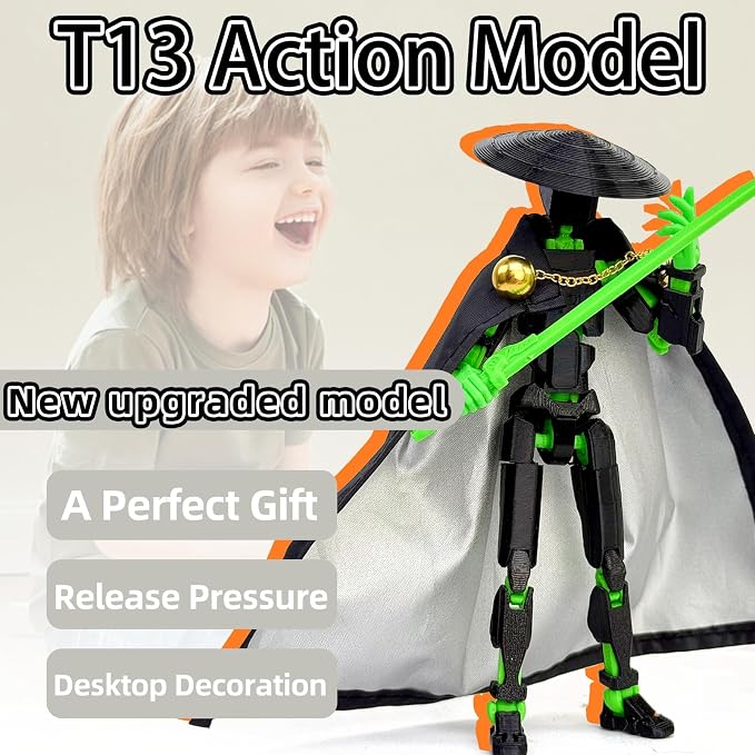 T13 Assembly Completed Action Figures,T-13 Action Figure, Robo 13 3D Printed Action Figure - The Ultimate Hero for Action-Packed Playtime,5.2 Inch, Black Green
