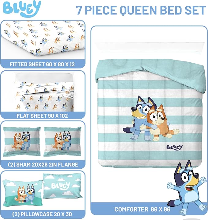 Jay Franco Bluey & Bingo 7 Piece Queen Size Bed Set - Includes Comforter & Sheet Set - Super Soft Kids Bedding Fade Resistant Microfiber