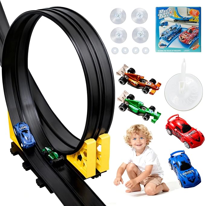 MINDNOOK 16 Ft Flexible Race Car Track Set for Kids, Portable Roll-Up Racetrack with 4 Cars & Suction Cups, Compatible with 1:64 Diecast Toy Cars, Gift for Boys & Girls Ages 4-12
