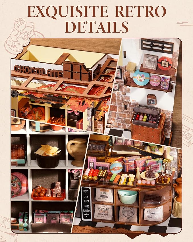 ROBOTIME DIY Miniature House Kit, Tiny House Building Kits，Mini Wooden Furniture Kit for Adults, Dollhouse for Birthday Christmas Craft Hobbies Gift（Henry's Chocolate）