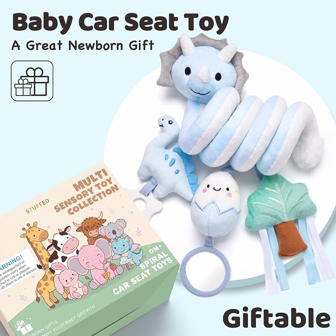 Stuffed Dinosaur Spiral Car Seat Toys Hanging for Babies 0-3 3-6 6-12 Months, Plush Infant Stroller Toy with Silicone Teether, Crinkle and Squeaker, Soft Cute Shower Gifts for Newborn Boys Girls