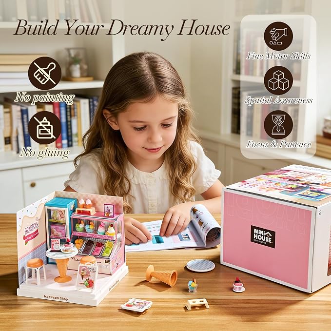 Miniature Ice Cream Shop DIY Kit with Display Case | Acrylic Display Case, Ice Cream Shop Dollhouse Craft Kit, Tool-Free Mini House for Teens, Adults & DIY Hobbyists