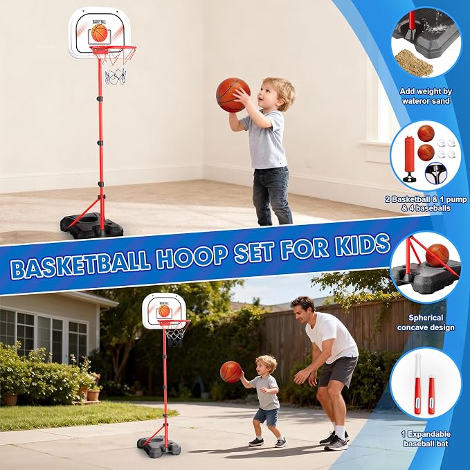 3-In-1 Kids Basketball Hoop and T Ball Set for Age 3-5 6-8, Adjustable Toddler Basketball Hoop, Hanging Tee Ball for Outdoor, Birthday Christmas Sport Toys Gift for Boys Girls 3 4 5 6 7 8 Year Olds