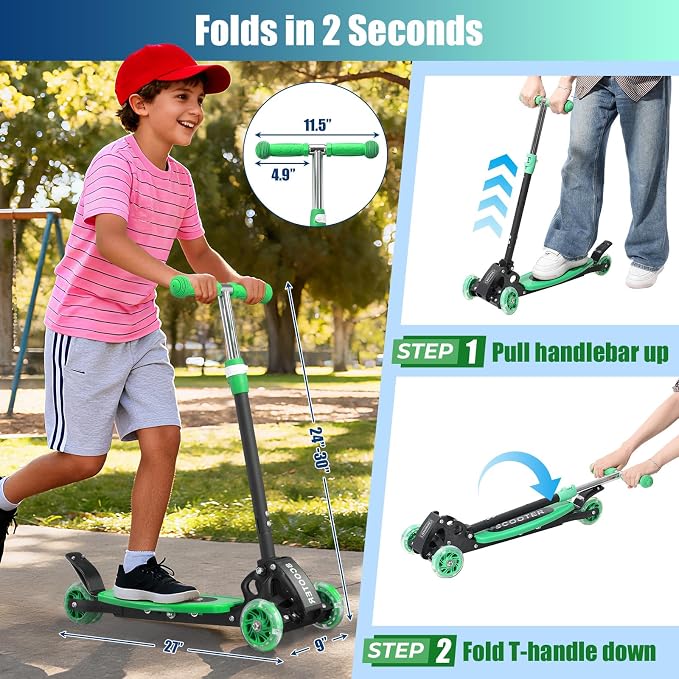 3 Wheel Scooter for Kids Ages 3-12, LED Light-Up Kids Kick Scooter–Portable Foldable, Adjustable Height, Durable Metal Construction, 6" Extra Wide Deck for Outdoor Activities,Child Safety Certified