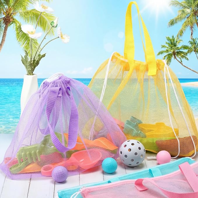 Paterr 4 Pcs Mesh Beach Tote Bag Seashell Bags Foldable Large Beach Toy Organizer with Drawstring, Pool Gym Swimming Camping Accessories Lightweight Foldable Birthday Gifts (4 Colors)