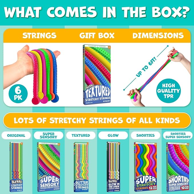BUNMO Stretchy Strings - Sensory Toys - Stimulating & Fun Sensory Toys for Kids - Fidget Toy - Hours of Fun for Kids - Non-Mouthable Toy 3+ - Textured 6 Pack