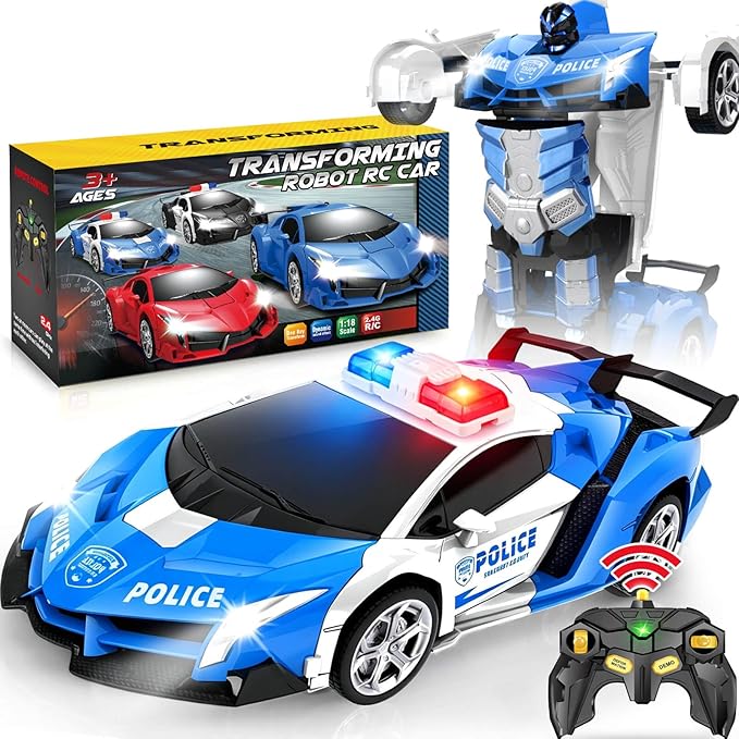 Dolanus Remote Control Police Car - RC Car Transform Robot, Flashing Light, 2.4Ghz, 360 Degree Rotating, Toys for Ages 5-7, Kids Toys, Birthday Gifts for 3 4 5 6 7 8 10 12 Years Old Boy (Blue)