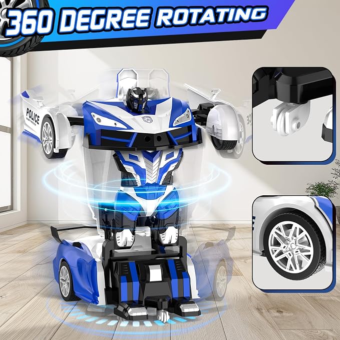 Remote Control Car with One Button Transformation, RC Cars Transforming into Robot, 2.4Ghz 360 Degree Rotation Police Car with Light, 1:18 Scale Transform Toys for Boys Girls Kids 4-7 8-12 6-8
