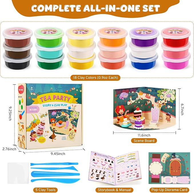 Air Dry Clay Kit for Kids, Modeling Magic Clays, 18 Colors with Storybook, DIY Tutorials, Tools & Scene Cards, Soft, Non-Sticky & Light, Clay Craft Gift for Boys & Girls Ages 3+ (Tea Party)