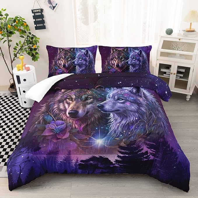 AILONEN Purple Galaxy Wolf Comforter Set - 3-Piece Twin Size Mystical Animal Starry Night Bedding for Room Decor, 2 Pillowcaases