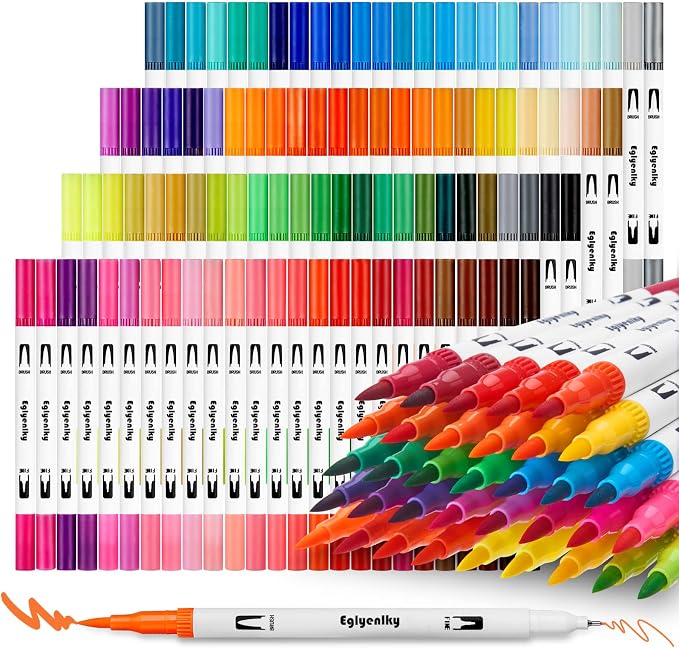 Eglyenlky Markers for Coloring Book Adults Relaxation, Dual Tip Brush Pens with 100 Watercolor Fine Tip Markers and Brush Pens for Kids Coloring