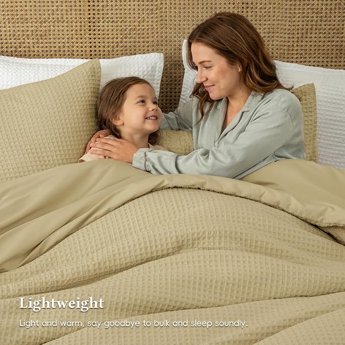 David's Home Waffle Weave Comforter Set 2PCS Twin Size, Soft Breathable Lightweight Cozy Skin-Friendly Warm for All Season, Elegant Aesthetic Home Decor Bedding Set with Pillow Shams, Pale Khaki