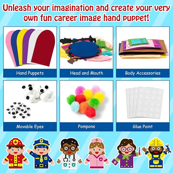 WATINC 6Pcs Hand Puppet Making Kit, Art Craft Felt Sock Puppet Toys, Creative DIY Make Your Own Pompoms Wiggle Googly Eyes Storytelling Role Play Party Supplies Gift for Girls Boys (Career A)