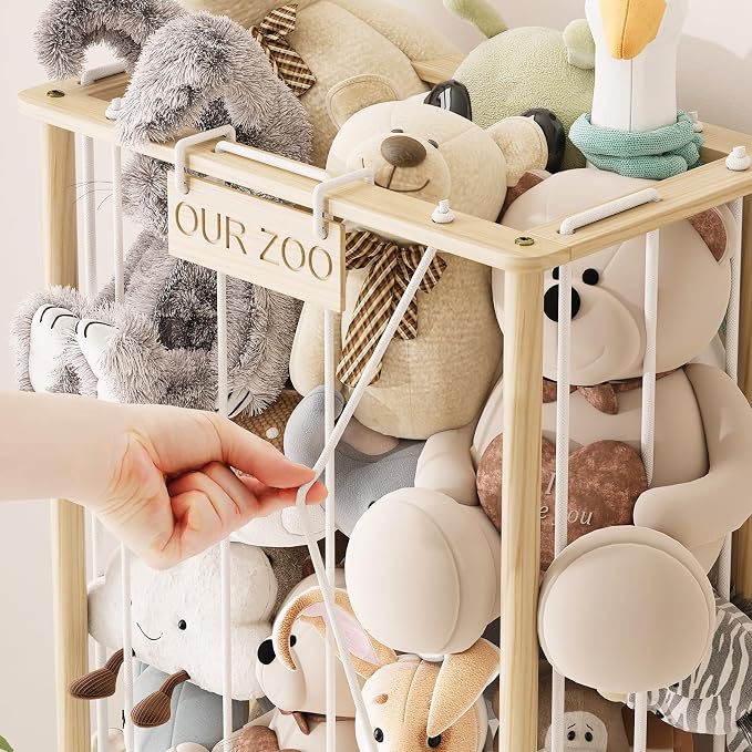Stuffed Animal Storage Organizer,2-in-1 Solid Pine Wood Stuffed Animal Zoo with Toy Chest, Large Plush Toy Holder with Thick Elastic Bands,Stuffed Animal Holder for Playroom, Nursery, Bedroom