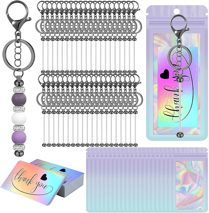 42/84/126 Pcs Beadable Keychain Bars Bulk Blank DIY Beaded Keychain Making Supplies with Bag Thank You Card