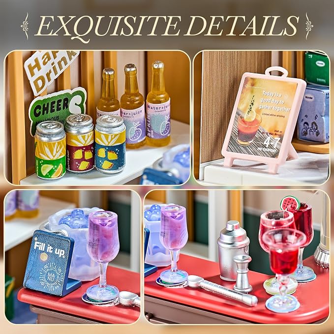 Miniature Lounge Bar DIY Kit with Acrylic Display Case – Cozy Mini Bar Dollhouse Scene, Tool-Free Craft Set for Teens, Adults & Beginners