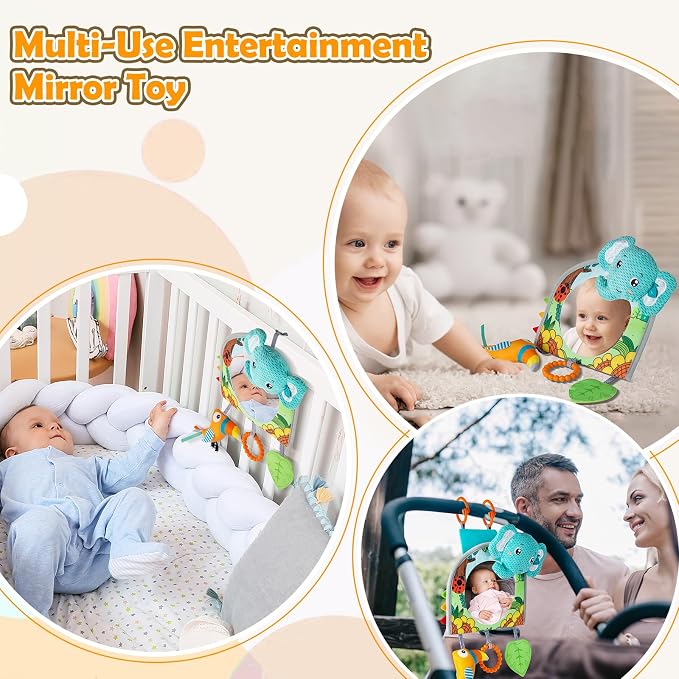 Lynncare Car Seat Toy, Baby Car Mirror for Rear Facing, Travel Baby Activity Center with Hanging Engaging Toys for Infants Babies 0-6-12-18 Months Boy Girl