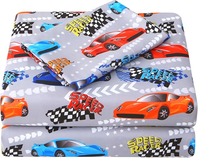 Viviland 3 Pieces Boys Race Twin Sheet Set - Soft Microfiber Fitted Flat Sheets & Pillowcase Bed Sheet Set - Grey Race Print Bedding Sets for Kids