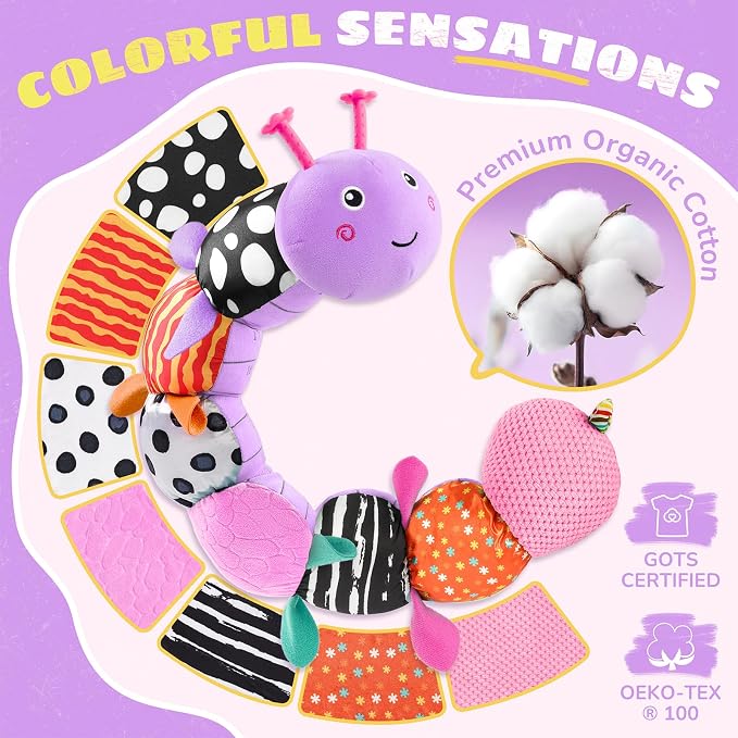 AWOTOY Baby Toys 6-12 Months Music Caterpillar,Stuffed Animals Infant Toys 0-3-6 Months,Baby Sensory Toys Tummy Time with Crinkle Rattle Teething Toys for Boys Girls Gifts Birthday|Lavender Purple