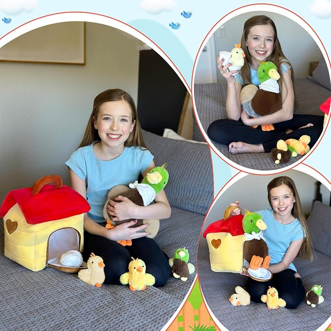 MaoGoLan 6pcs Duck Stuffed Animal, 14 Inch Large Mommy Stuffed Mallard Duck Plush with 3 Baby Ducklings & Eggshell & Duck House, Cute Realistic Stuffed Animal, Gift for Kids Boys Girls